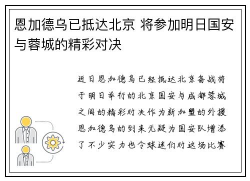 恩加德乌已抵达北京 将参加明日国安与蓉城的精彩对决