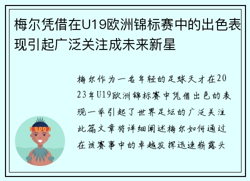 梅尔凭借在U19欧洲锦标赛中的出色表现引起广泛关注成未来新星