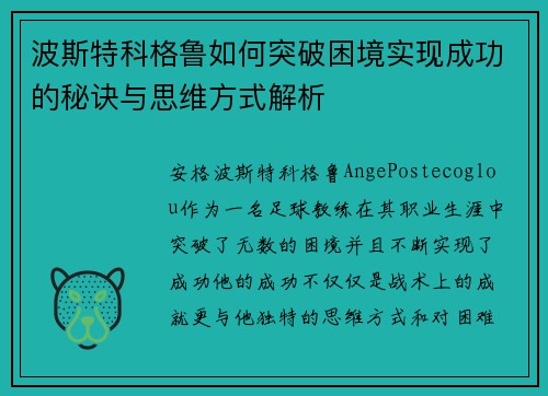 波斯特科格鲁如何突破困境实现成功的秘诀与思维方式解析